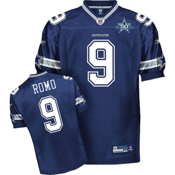 Cowboys #9 Tony Romo Blue Team 50TH Anniversary Patch Stitched NFL Jersey