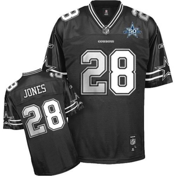 Cowboys #28 Felix Jones Black Shadow Team 50TH Patch Stitched NFL Jersey