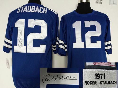 Mitchell And Ness Autographed Cowboys #12 Roger Staubach Blue Throwback Stitched NFL Jersey
