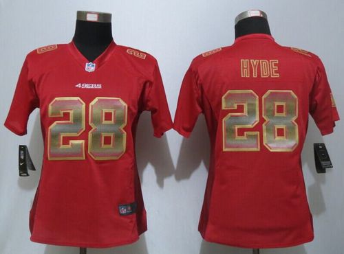  49ers #28 Carlos Hyde Red Team Color Women's Stitched NFL Elite Strobe Jersey