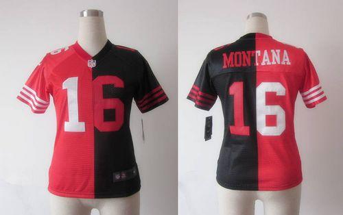  49ers #16 Joe Montana Black/Red Women's Stitched NFL Elite Split Jersey