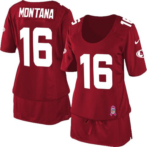  49ers #16 Joe Montana Red Team Color Women's Breast Cancer Awareness Stitched NFL Elite Jersey