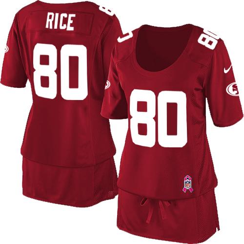  49ers #80 Jerry Rice Red Team Color Women's Breast Cancer Awareness Stitched NFL Elite Jersey
