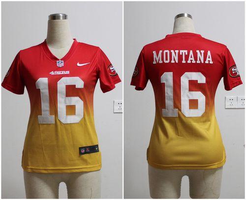  49ers #16 Joe Montana Red/Gold Women's Stitched NFL Elite Fadeaway Fashion Jersey