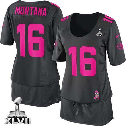  49ers #16 Joe Montana Dark Grey Super Bowl XLVII Women's Breast Cancer Awareness Stitched NFL Elite Jersey
