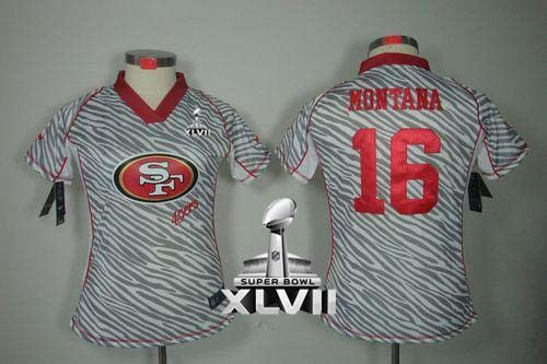  49ers #16 Joe Montana Zebra Super Bowl XLVII Women's Stitched NFL Elite Jersey