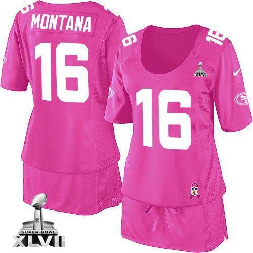  49ers #16 Joe Montana Pink Super Bowl XLVII Women's Breast Cancer Awareness Stitched NFL Elite Jersey