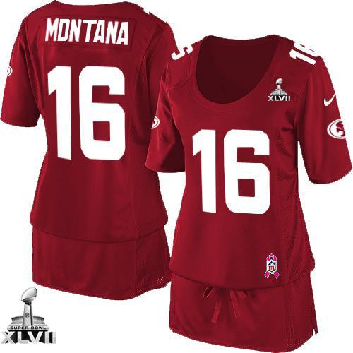  49ers #16 Joe Montana Red Team Color Super Bowl XLVII Women's Breast Cancer Awareness Stitched NFL Elite Jersey