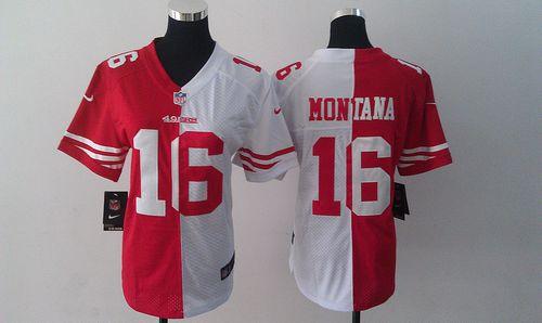  49ers #16 Joe Montana Red/White Women's Stitched NFL Elite Split Jersey
