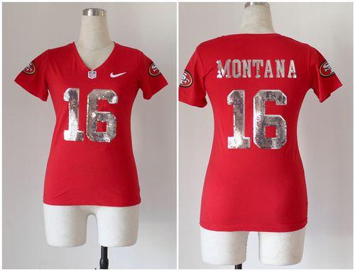  49ers #16 Joe Montana Red Team Color Women's Stitched NFL Elite Handwork Sequin Lettering Jersey