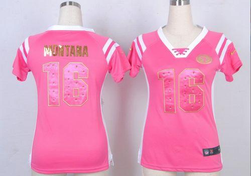  49ers #16 Joe Montana Pink Women's Stitched NFL Elite Draft Him Shimmer Jersey