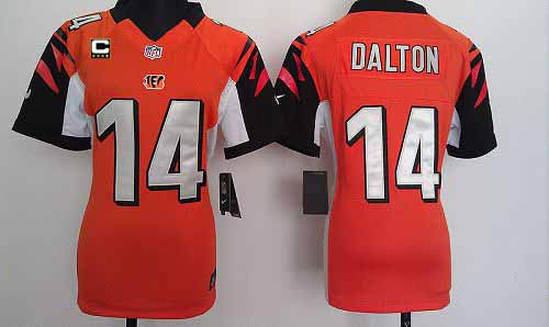  Bengals #14 Andy Dalton Orange Alternate With C Patch Women's Stitched NFL Elite Jersey