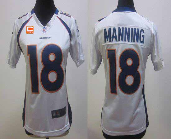  Broncos #18 Peyton Manning White With C Patch Women's Stitched NFL Elite Jersey