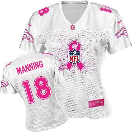  Broncos #18 Peyton Manning White Women's Breast Cancer Awareness NFL Game Jersey