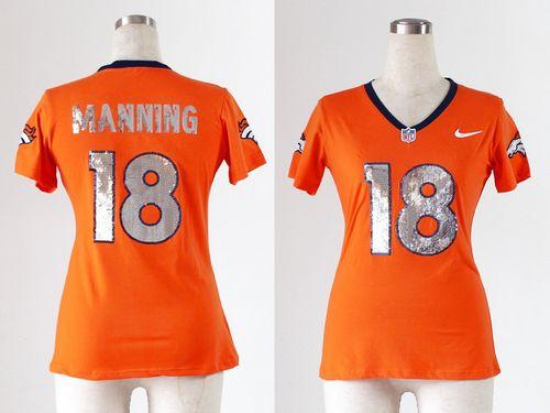  Broncos #18 Peyton Manning Orange Team Color Handwork Sequin Lettering Women's Stitched NFL Elite Jersey