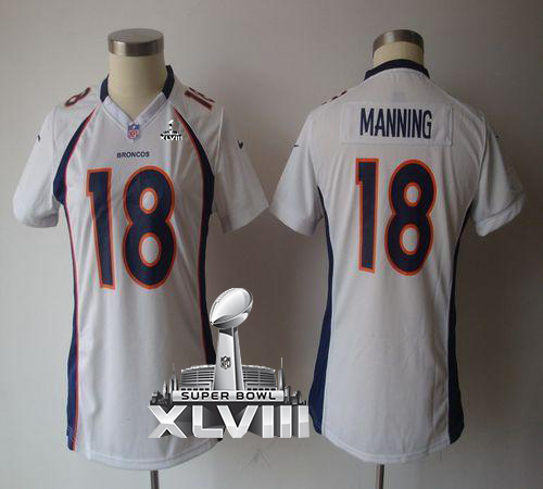  Broncos #18 Peyton Manning White Super Bowl XLVIII Women's NFL Game Jersey