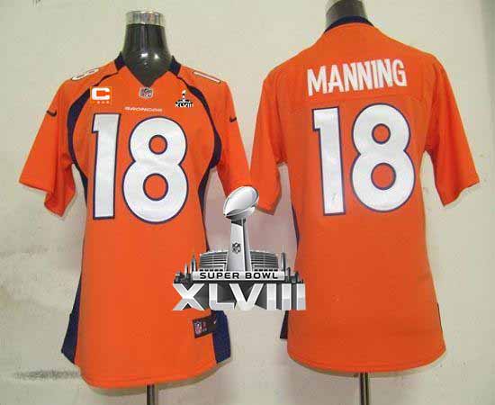  Broncos #18 Peyton Manning Orange Team Color With C Patch Super Bowl XLVIII Women's Stitched NFL Elite Jersey