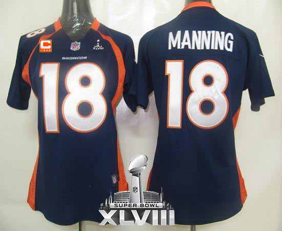  Broncos #18 Peyton Manning Blue Alternate With C Patch Super Bowl XLVIII Women's Stitched NFL Elite Jersey