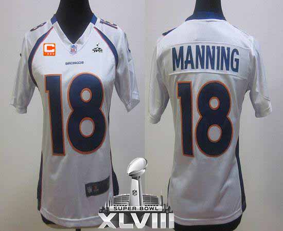  Broncos #18 Peyton Manning White With C Patch Super Bowl XLVIII Women's Stitched NFL Elite Jersey