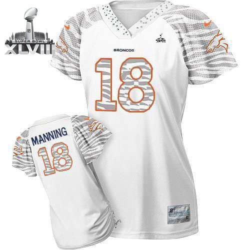  Broncos #18 Peyton Manning White Super Bowl XLVIII Women's Zebra Field Flirt Stitched NFL Elite Jersey