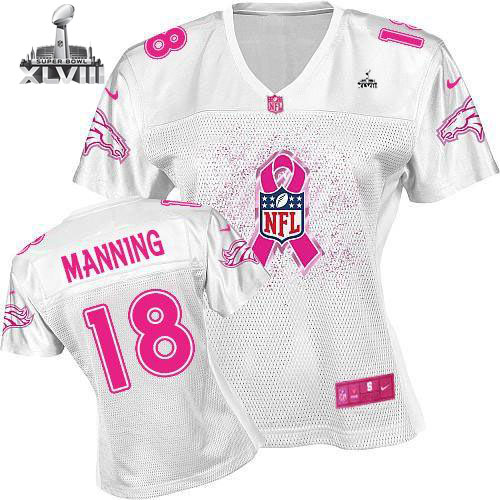  Broncos #18 Peyton Manning White Super Bowl XLVIII Women's Breast Cancer Awareness NFL Game Jersey