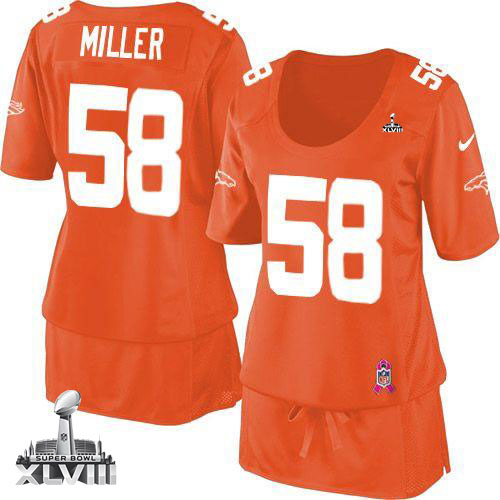  Broncos #58 Von Miller Orange Team Color Super Bowl XLVIII Women's Breast Cancer Awareness Stitched NFL Elite Jersey
