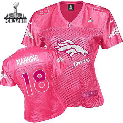  Broncos #18 Peyton Manning Pink Super Bowl XLVIII Women's Fem Fan NFL Game Jersey