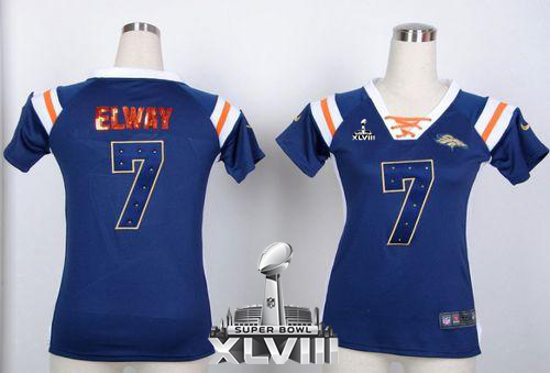  Broncos #7 John Elway Navy Blue Super Bowl XLVIII Women's Stitched NFL Elite Draft Him Shimmer Jersey