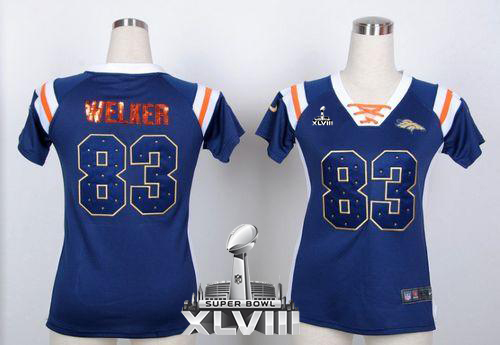  Broncos #83 Wes Welker Navy Blue Super Bowl XLVIII Women's Stitched NFL Elite Draft Him Shimmer Jersey