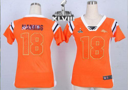  Broncos #18 Peyton Manning Orange Super Bowl XLVIII Women's Stitched NFL Elite Draft Him Shimmer Jersey