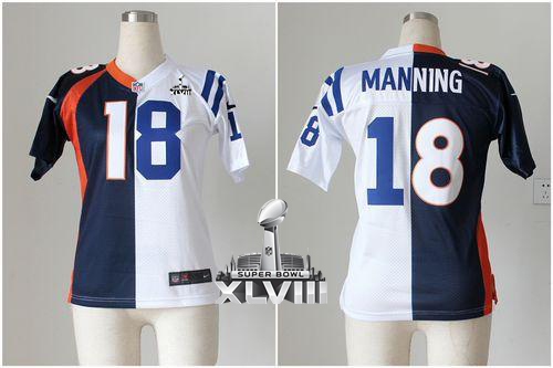  Broncos #18 Peyton Manning Blue/White Super Bowl XLVIII Women's Stitched NFL Elite Split Colts Jersey