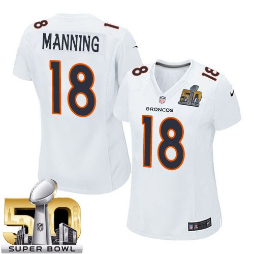  Broncos #18 Peyton Manning White Super Bowl 50 Women's Stitched NFL Game Event Jersey
