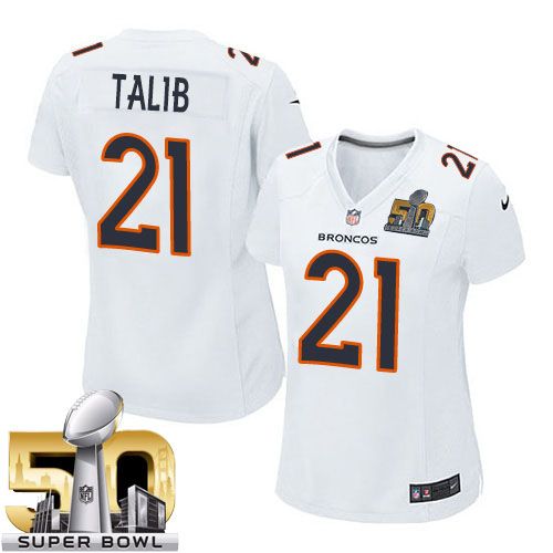  Broncos #21 Aqib Talib White Super Bowl 50 Women's Stitched NFL Game Event Jersey