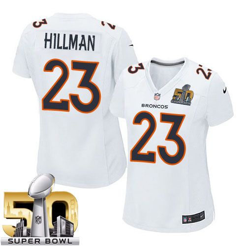  Broncos #23 Ronnie Hillman White Super Bowl 50 Women's Stitched NFL Game Event Jersey