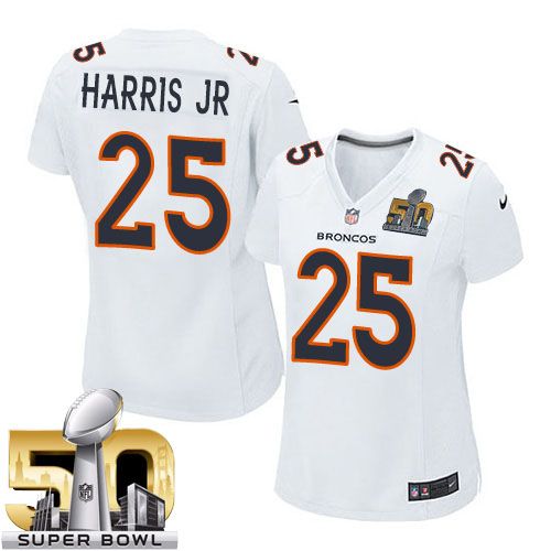  Broncos #25 Chris Harris Jr White Super Bowl 50 Women's Stitched NFL Game Event Jersey