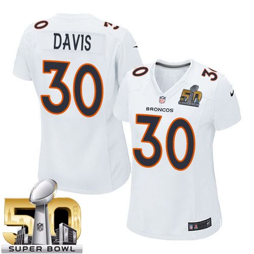  Broncos #30 Terrell Davis White Super Bowl 50 Women's Stitched NFL Game Event Jersey