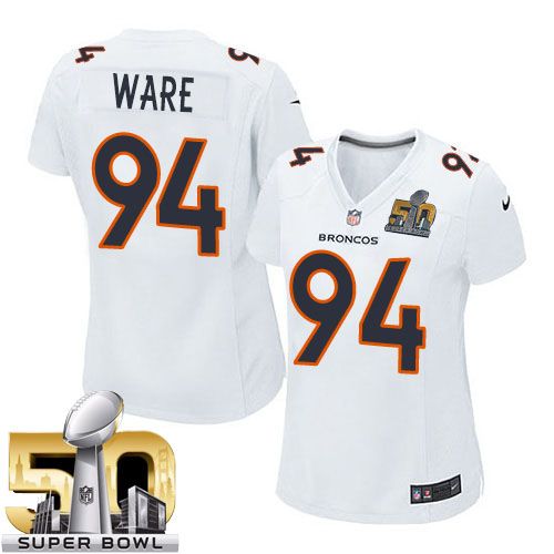  Broncos #94 DeMarcus Ware White Super Bowl 50 Women's Stitched NFL Game Event Jersey
