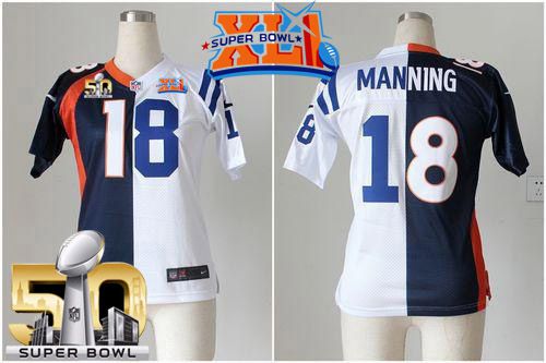  Broncos #18 Peyton Manning Blue/White Super Bowl XLI & Super Bowl 50 Women's Stitched NFL Elite Split Colts Jersey