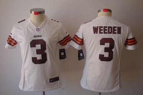  Browns #3 Brandon Weeden White Women's Stitched NFL Limited Jersey