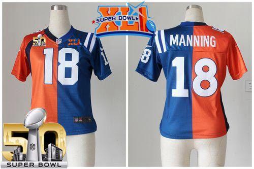  Colts #18 Peyton Manning Orange/Blue Super Bowl XLI & Super Bowl 50 Women's Stitched NFL Elite Split Broncos Jersey