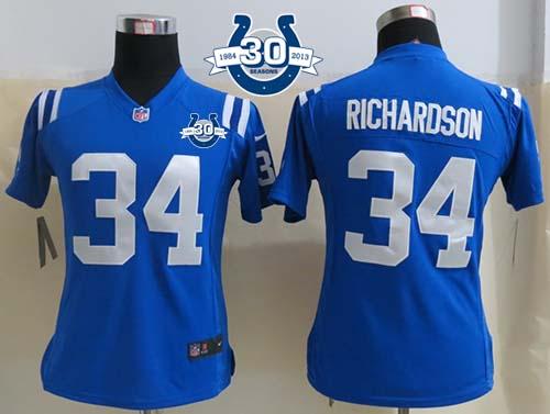  Colts #34 Trent Richardson Royal Blue Team Color With 30TH Seasons Patch Women's Stitched NFL Elite Jersey