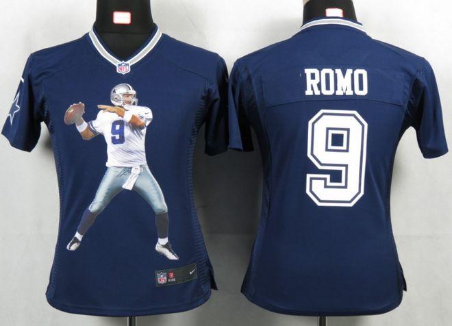  Cowboys #9 Tony Romo Navy Blue Team Color Women's Portrait Fashion NFL Game Jersey