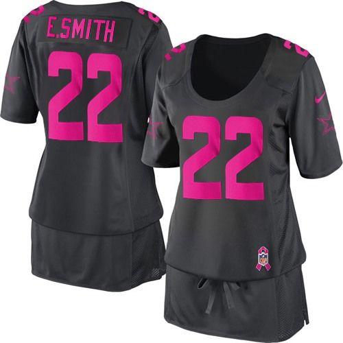  Cowboys #22 Emmitt Smith Dark Grey Women's Breast Cancer Awareness Stitched NFL Elite Jersey