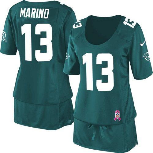 Dolphins #13 Dan Marino Aqua Green Team Color Women's Breast Cancer Awareness Stitched NFL Elite Jersey