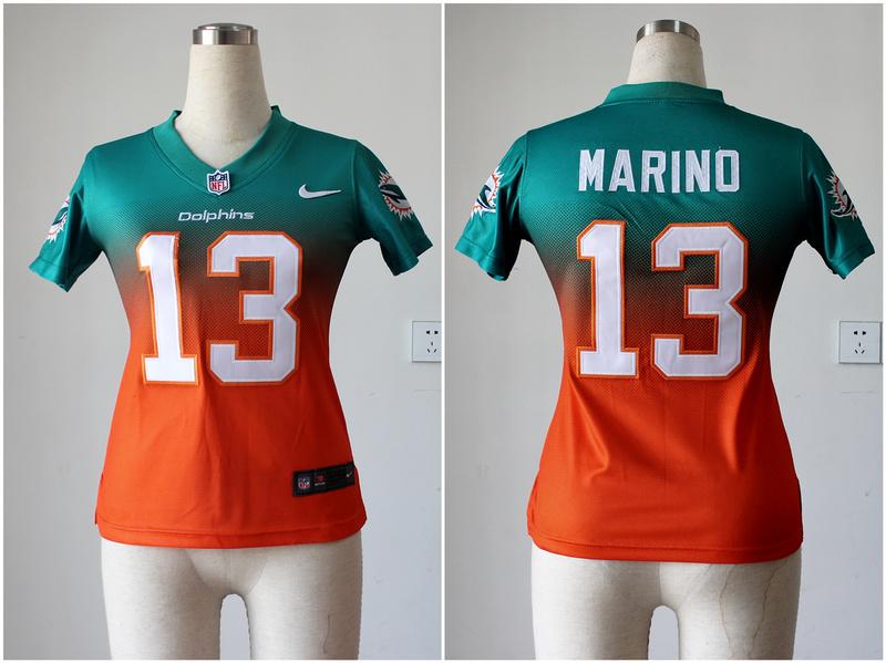  Dolphins #13 Dan Marino Aqua Green/Orange Women's Stitched NFL Elite Fadeaway Fashion Jersey