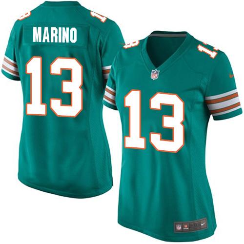  Dolphins #13 Dan Marino Aqua Green Alternate Women's Stitched NFL Elite Jersey