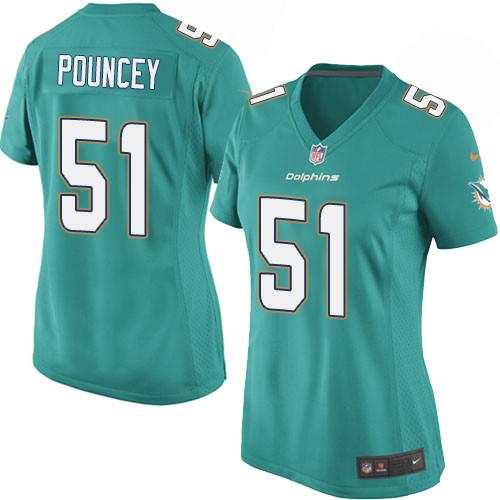  Dolphins #51 Mike Pouncey Aqua Green Team Color Women's Stitched NFL Elite Jersey