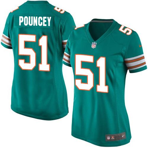  Dolphins #51 Mike Pouncey Aqua Green Alternate Women's Stitched NFL Elite Jersey