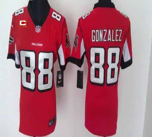  Falcons #88 Tony Gonzalez Red Team Color With C Patch Women's Stitched NFL Elite Jersey