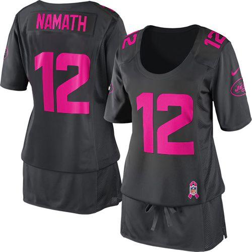  Jets #12 Joe Namath Dark Grey Women's Breast Cancer Awareness Stitched NFL Elite Jersey